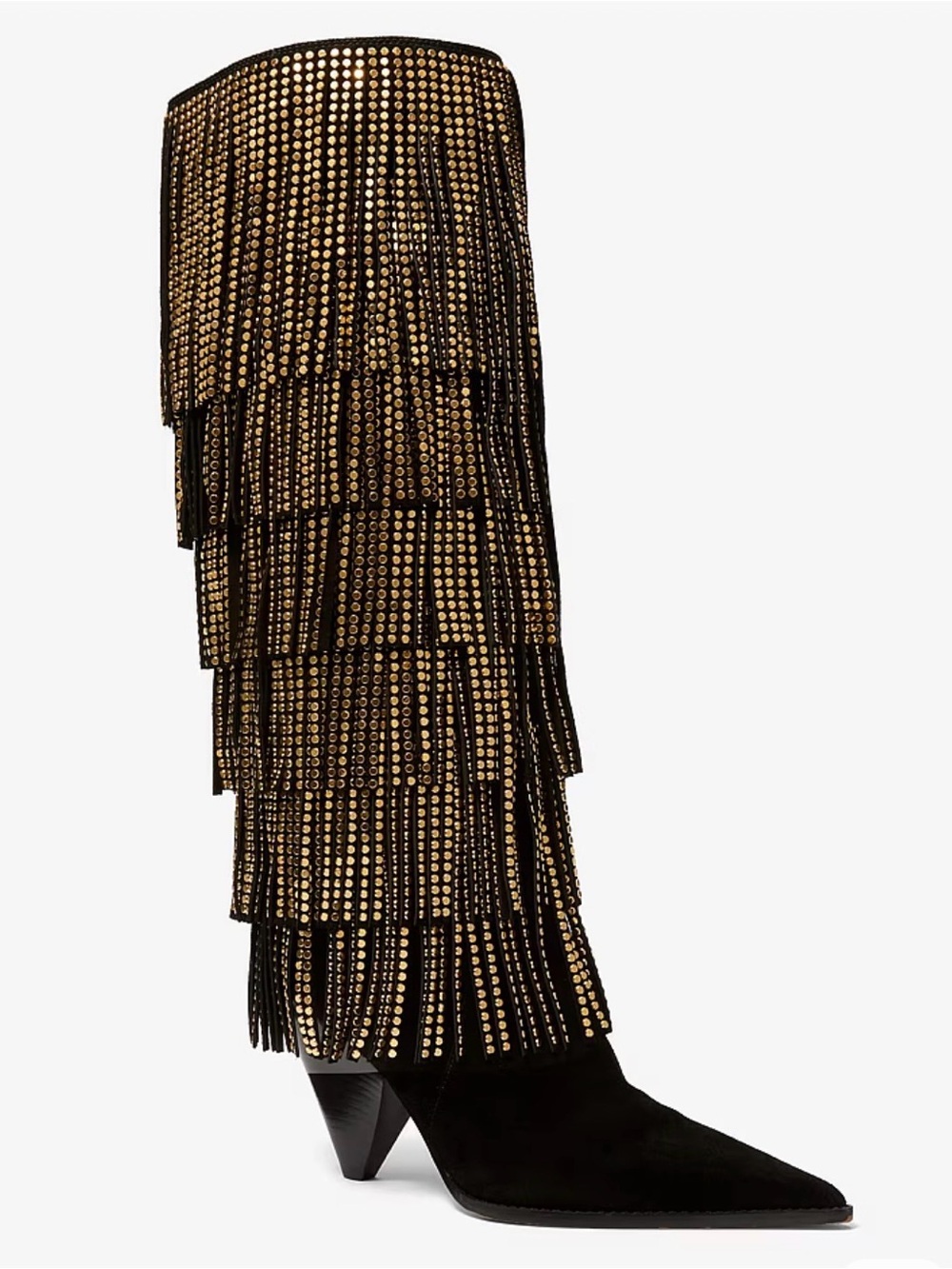 NEW Michael Kors 9 Jayla Black suede Fringe knee high boots Gold Stud heeled